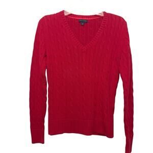 Vintage Tommy Hilfiger Womens Red V Neck Cable Knit Cotton Sweater Preppy MED